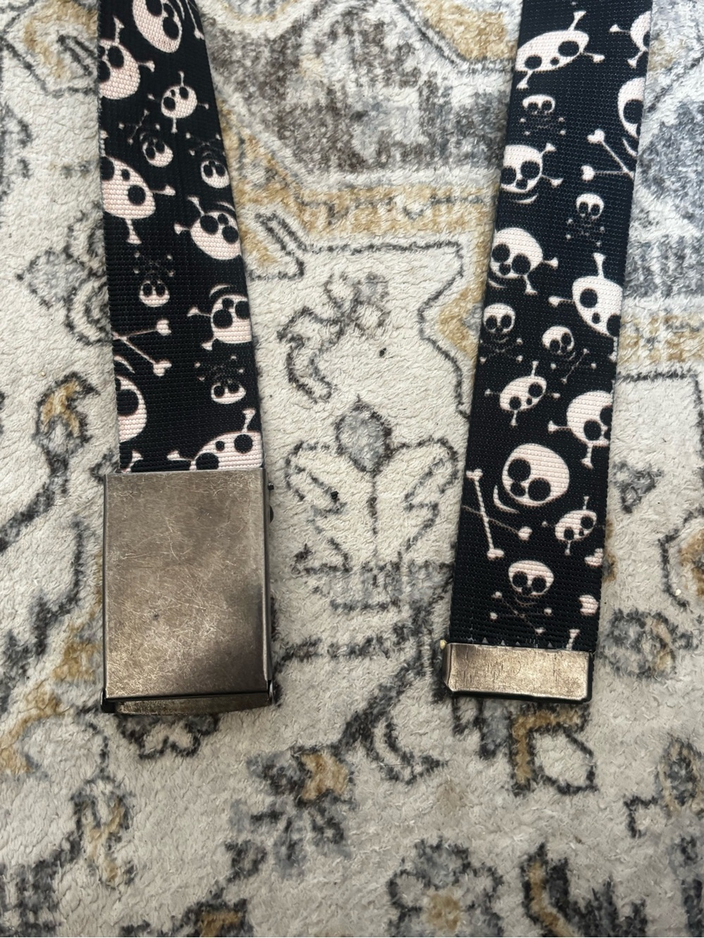 Black Skull Print Webbing Belt with Metal Buckle